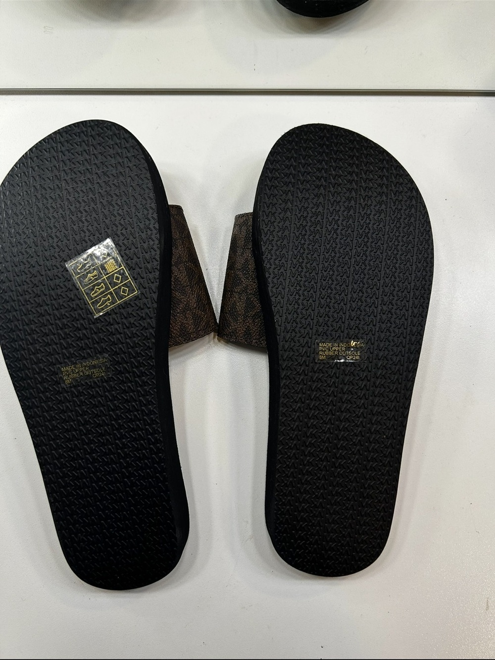 Michael Kors Black Slide Sandals with Brown Logo Strap